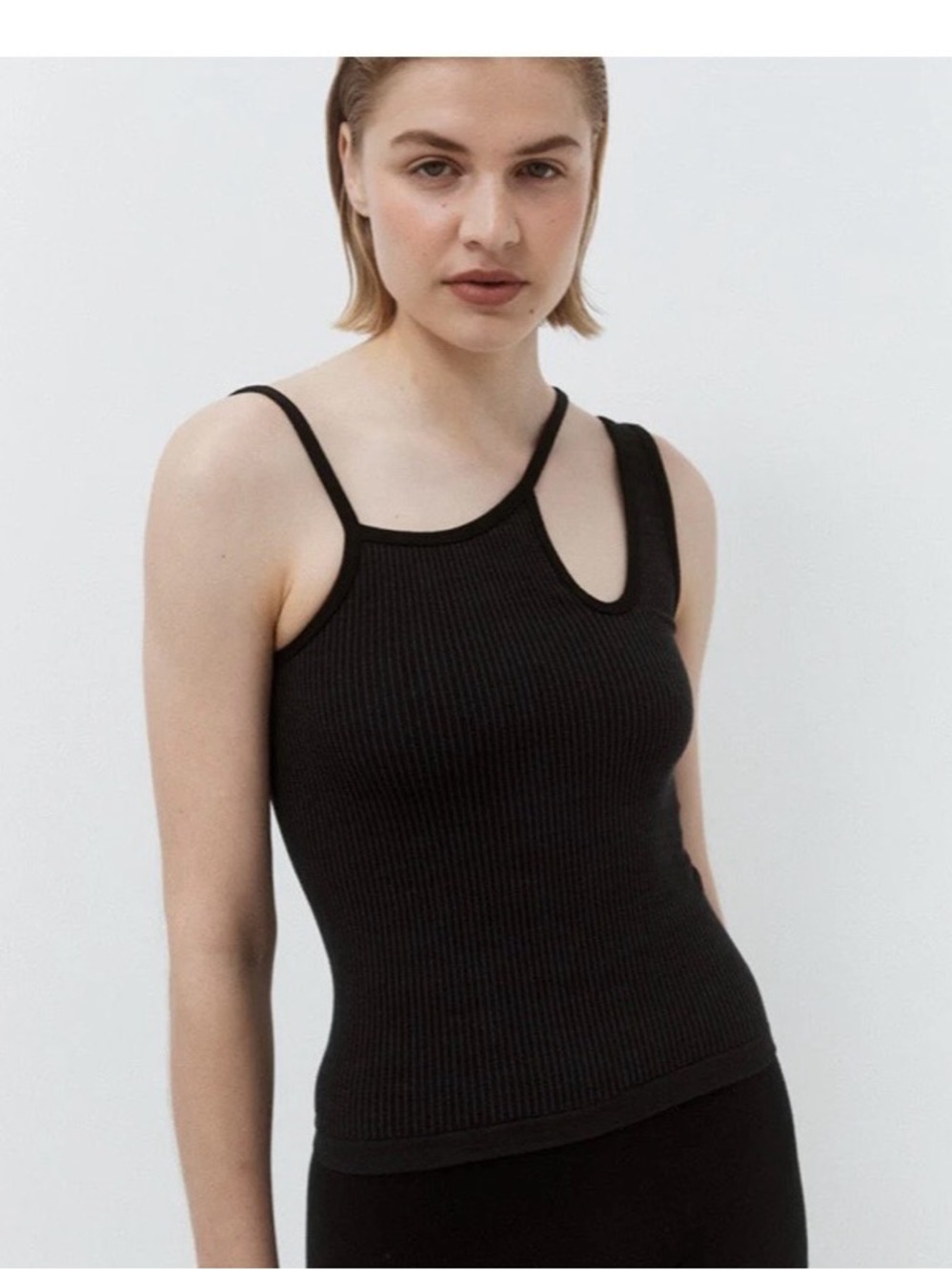 Nagnata Black Ribbed Asymmetric Strap Tank Top